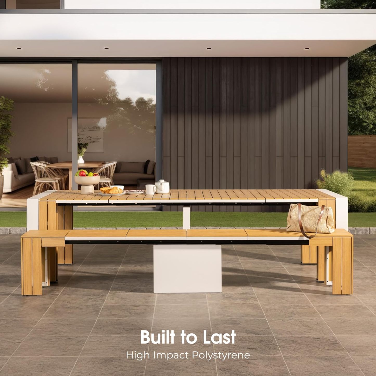 Transformer Table Outdoor Patio Furniture Set for 4 to 12, Expandable Outdoor Table and Chairs Set of 4 with Dining Bench, Weather Resistant Extendable Patio Table with Chairs & Bench