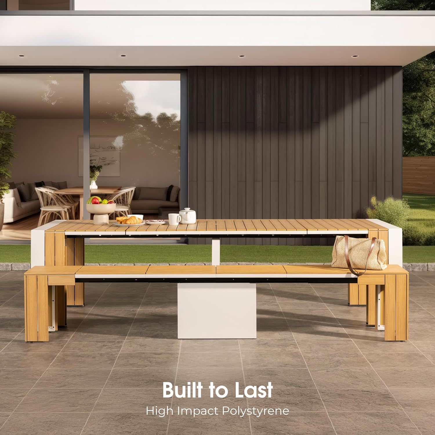 Transformer Table Outdoor Patio Furniture Set for 4 to 12, Expandable Outdoor Table and Chairs Set of 4 with Dining Bench, Weather Resistant Extendable Patio Table with Chairs & Bench