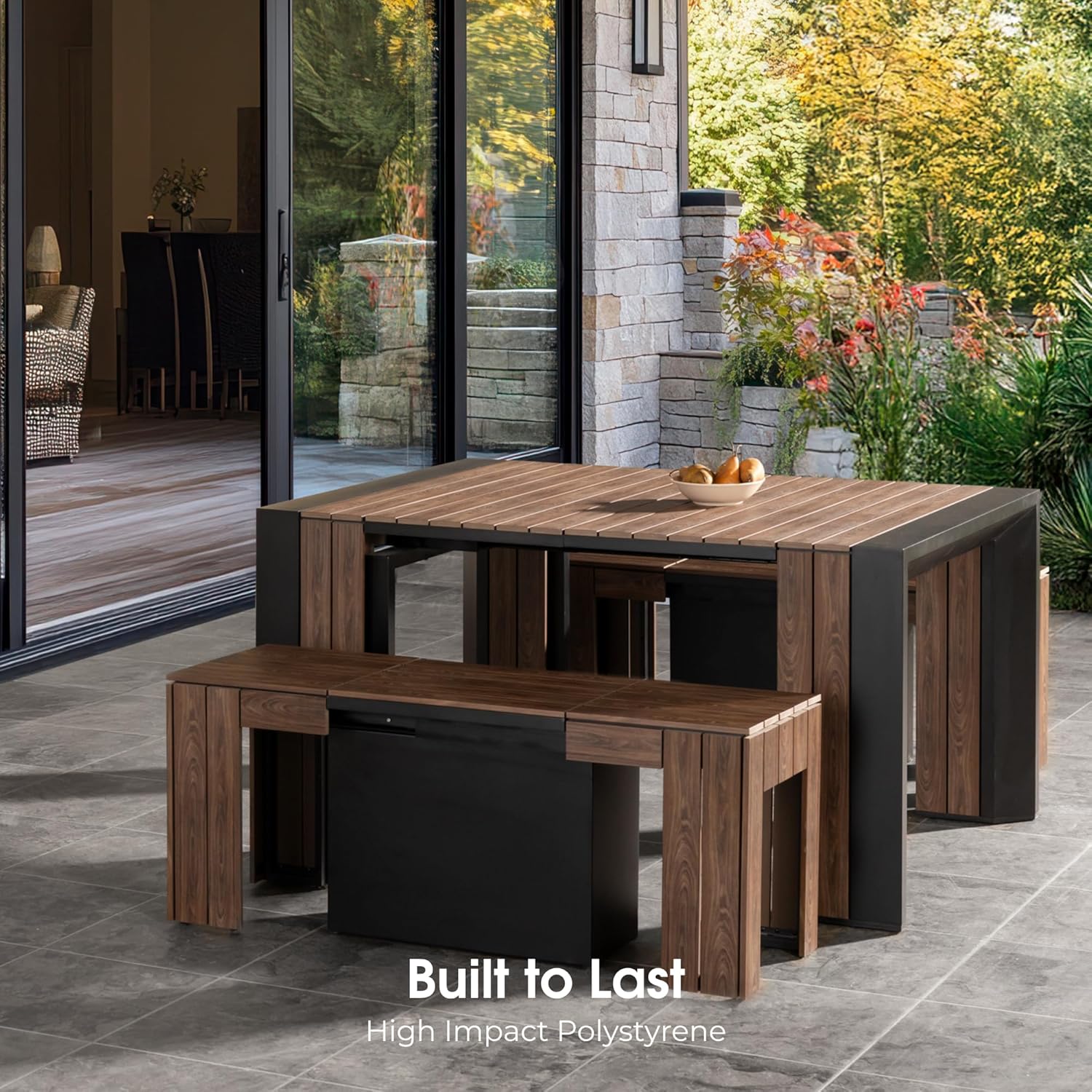 Transformer Table Outdoor Patio Furniture Set for 4 to 12, Expandable Outdoor Table and Chairs Set of 4 with Dining Bench, Weather Resistant Extendable Patio Table with Chairs & Bench
