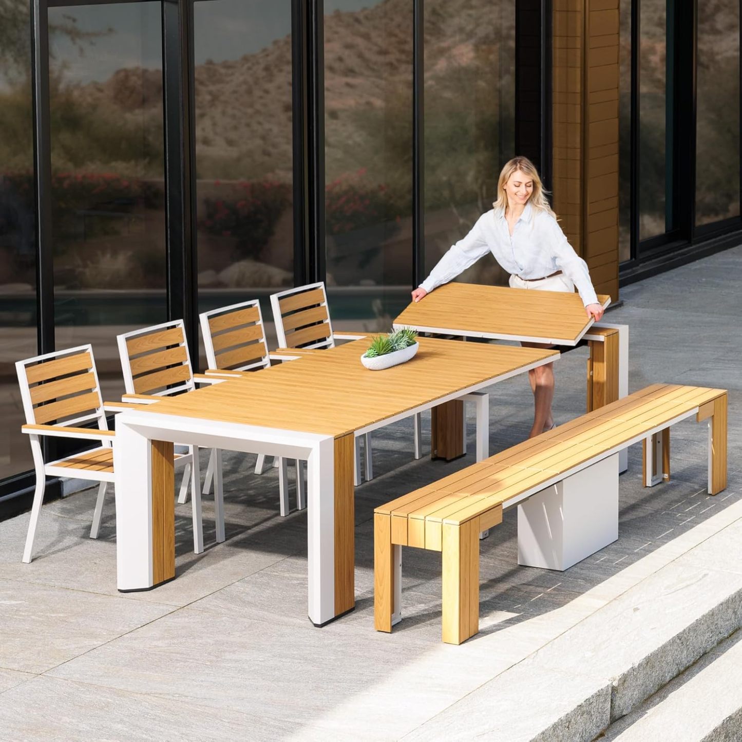 Transformer Table Outdoor Patio Furniture Set for 4 to 12, Expandable Outdoor Table and Chairs Set of 4 with Dining Bench, Weather Resistant Extendable Patio Table with Chairs & Bench