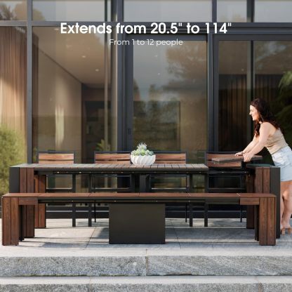 Transformer Table Outdoor Patio Furniture Set for 4 to 12, Expandable Outdoor Table and Chairs Set of 4 with Dining Bench, Weather Resistant Extendable Patio Table with Chairs & Bench