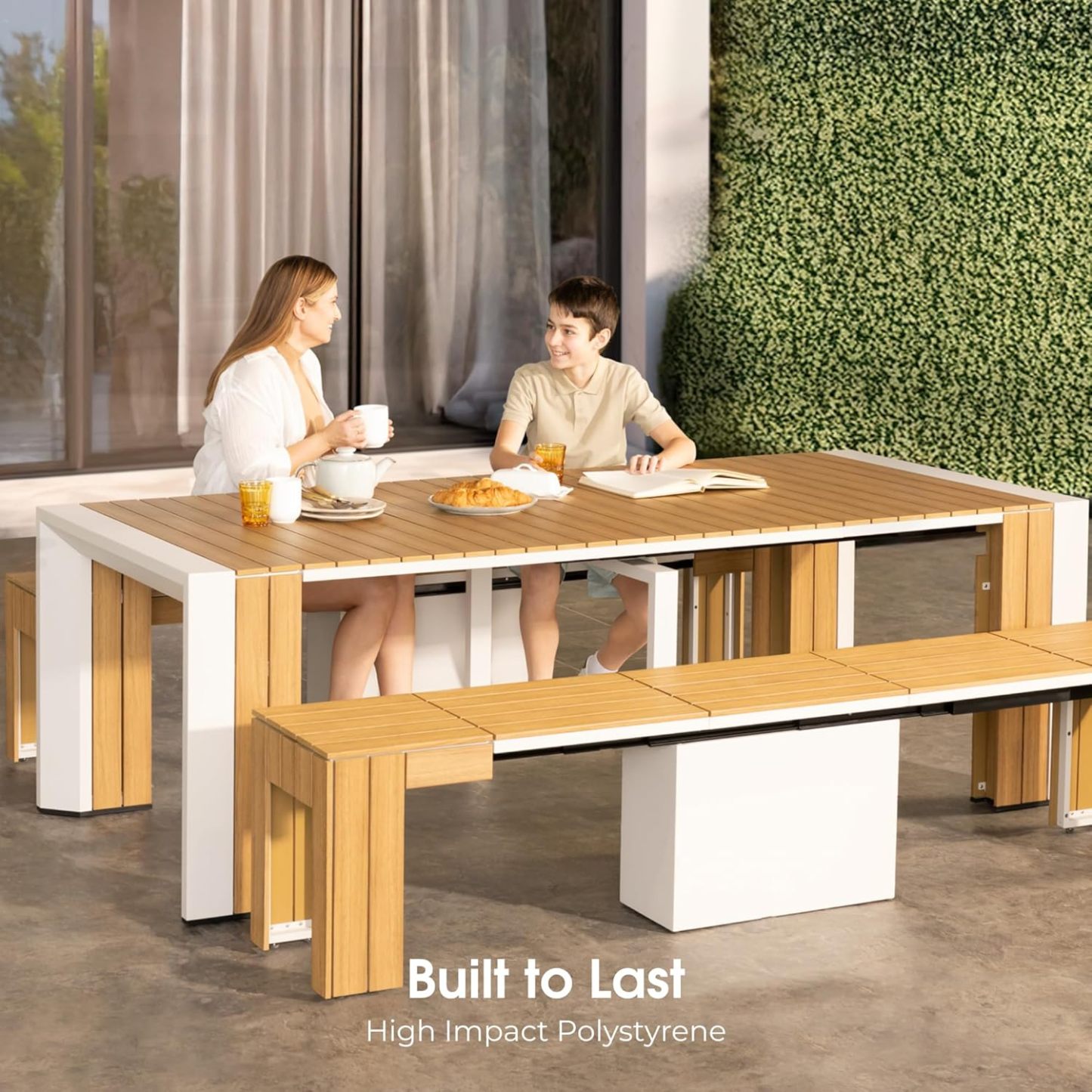 Transformer Table Outdoor Patio Furniture Set for 4 to 12, Expandable Outdoor Table and Chairs Set of 4 with Dining Bench, Weather Resistant Extendable Patio Table with Chairs & Bench