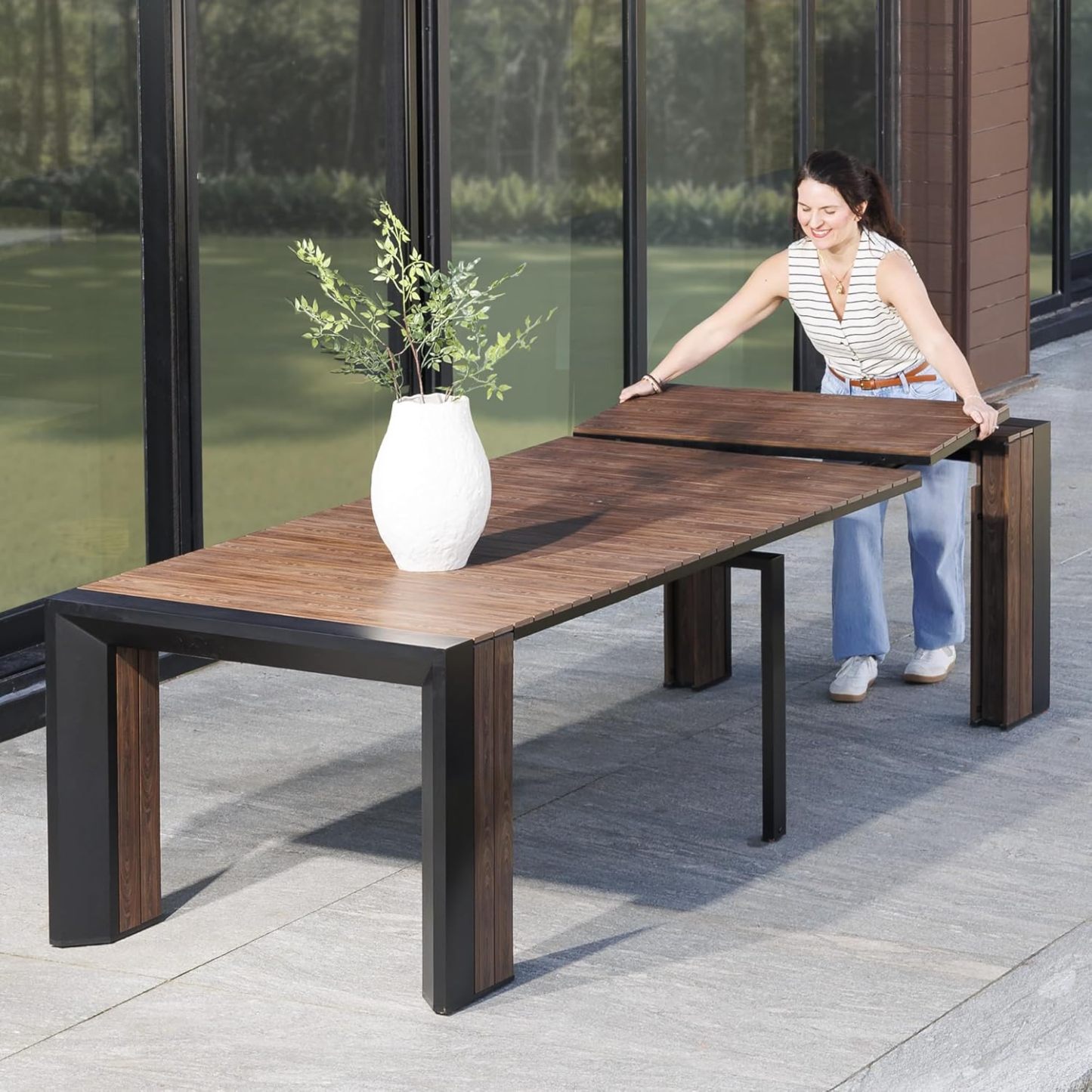 Transformer Table Outdoor Patio Furniture Set for 4 to 12, Expandable Outdoor Table and Chairs Set of 4 with Dining Bench, Weather Resistant Extendable Patio Table with Chairs & Bench