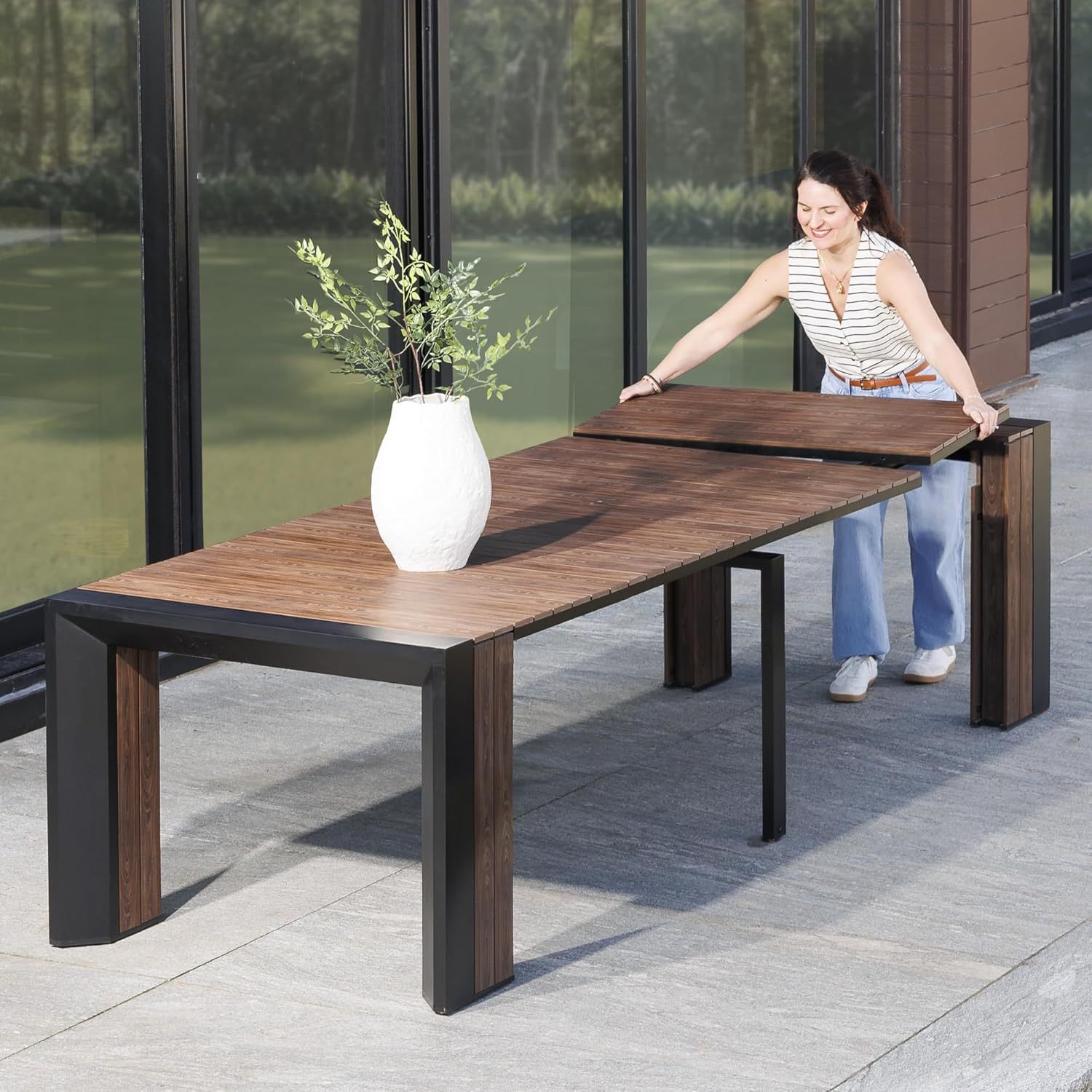 Transformer Table Outdoor Patio Furniture Set for 4 to 12, Expandable Outdoor Table and Chairs Set of 4 with Dining Bench, Weather Resistant Extendable Patio Table with Chairs & Bench