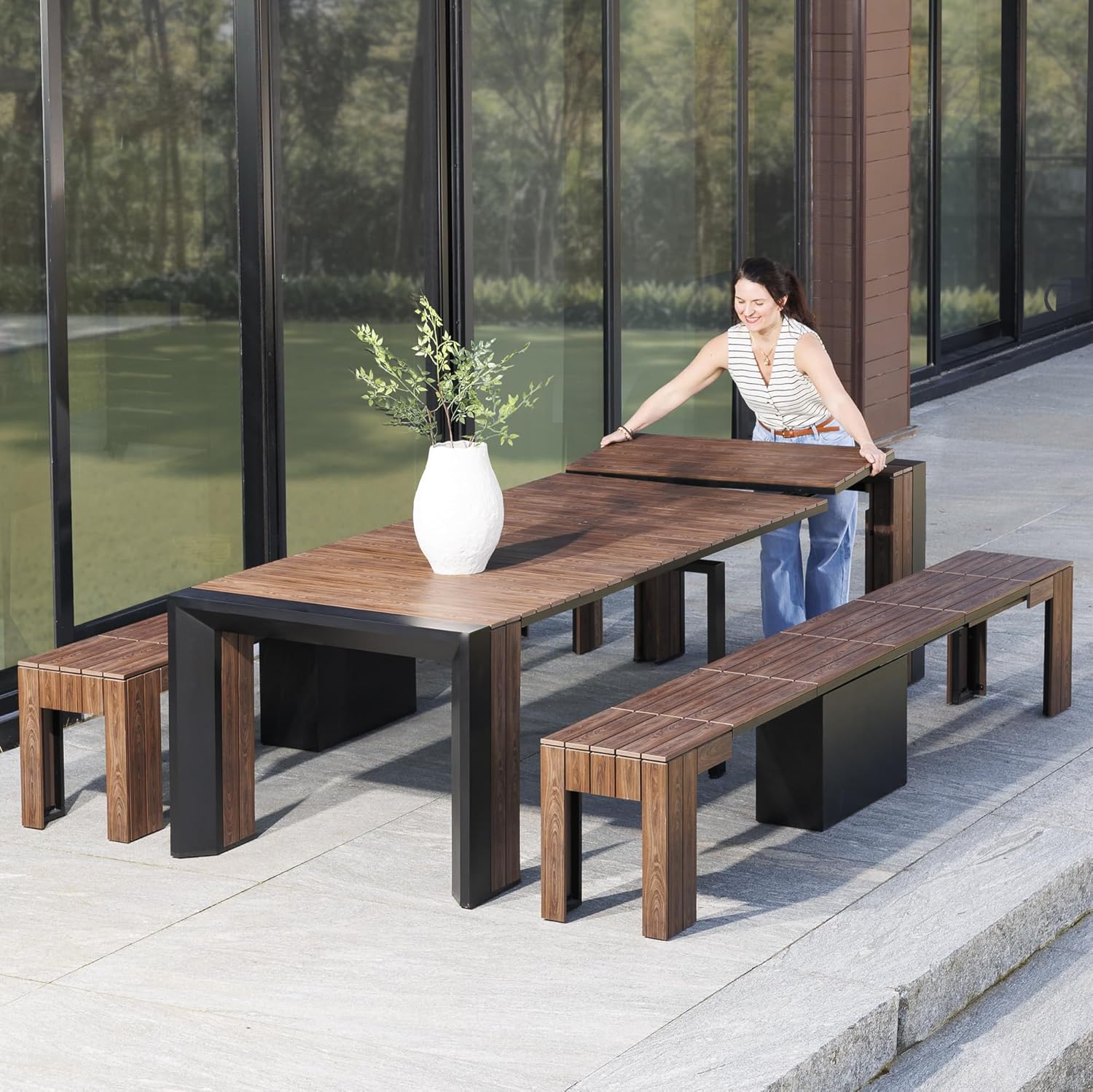 Transformer Table Outdoor Patio Furniture Set for 4 to 12, Expandable Outdoor Table and Chairs Set of 4 with Dining Bench, Weather Resistant Extendable Patio Table with Chairs & Bench