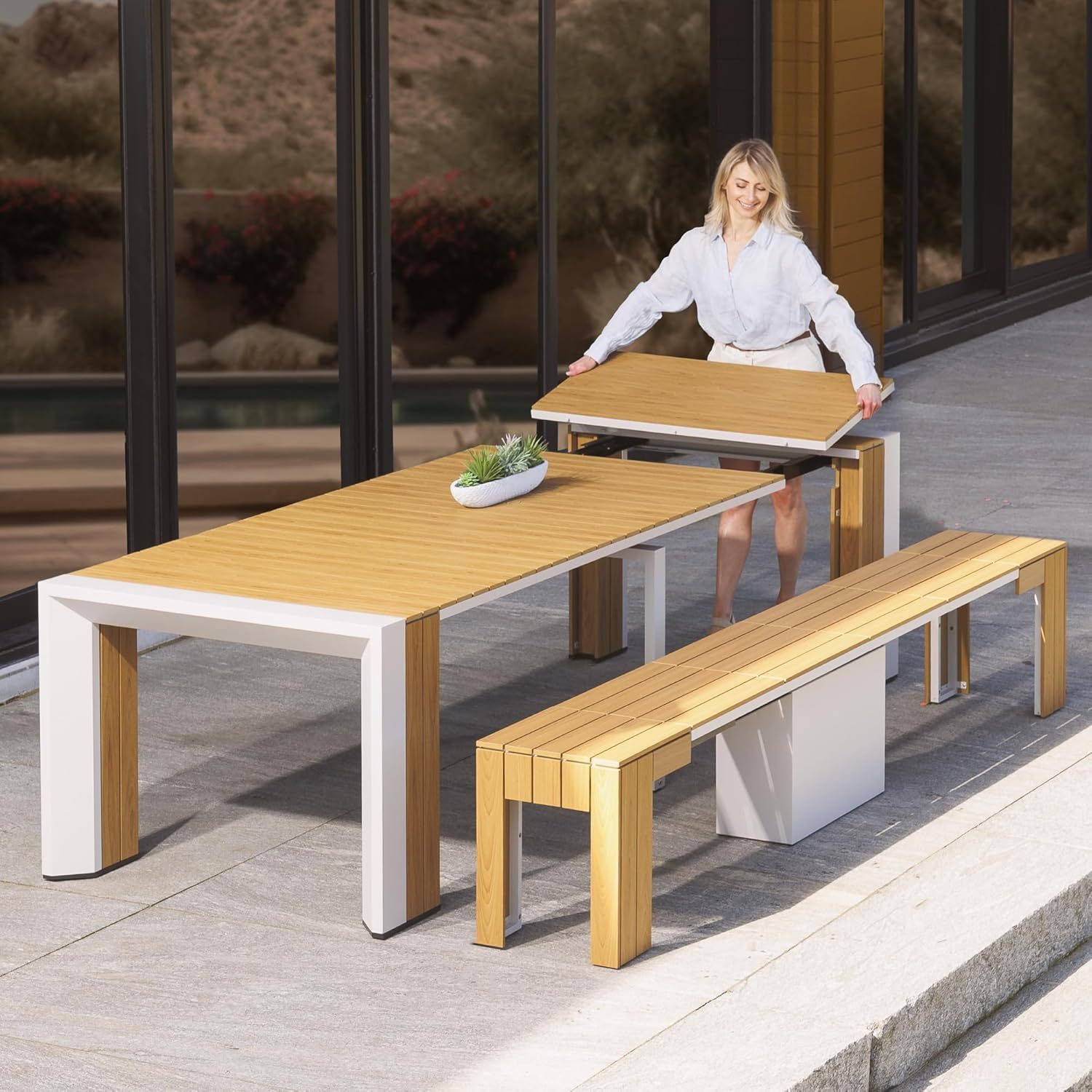 Transformer Table Outdoor Patio Furniture Set for 4 to 12, Expandable Outdoor Table and Chairs Set of 4 with Dining Bench, Weather Resistant Extendable Patio Table with Chairs & Bench
