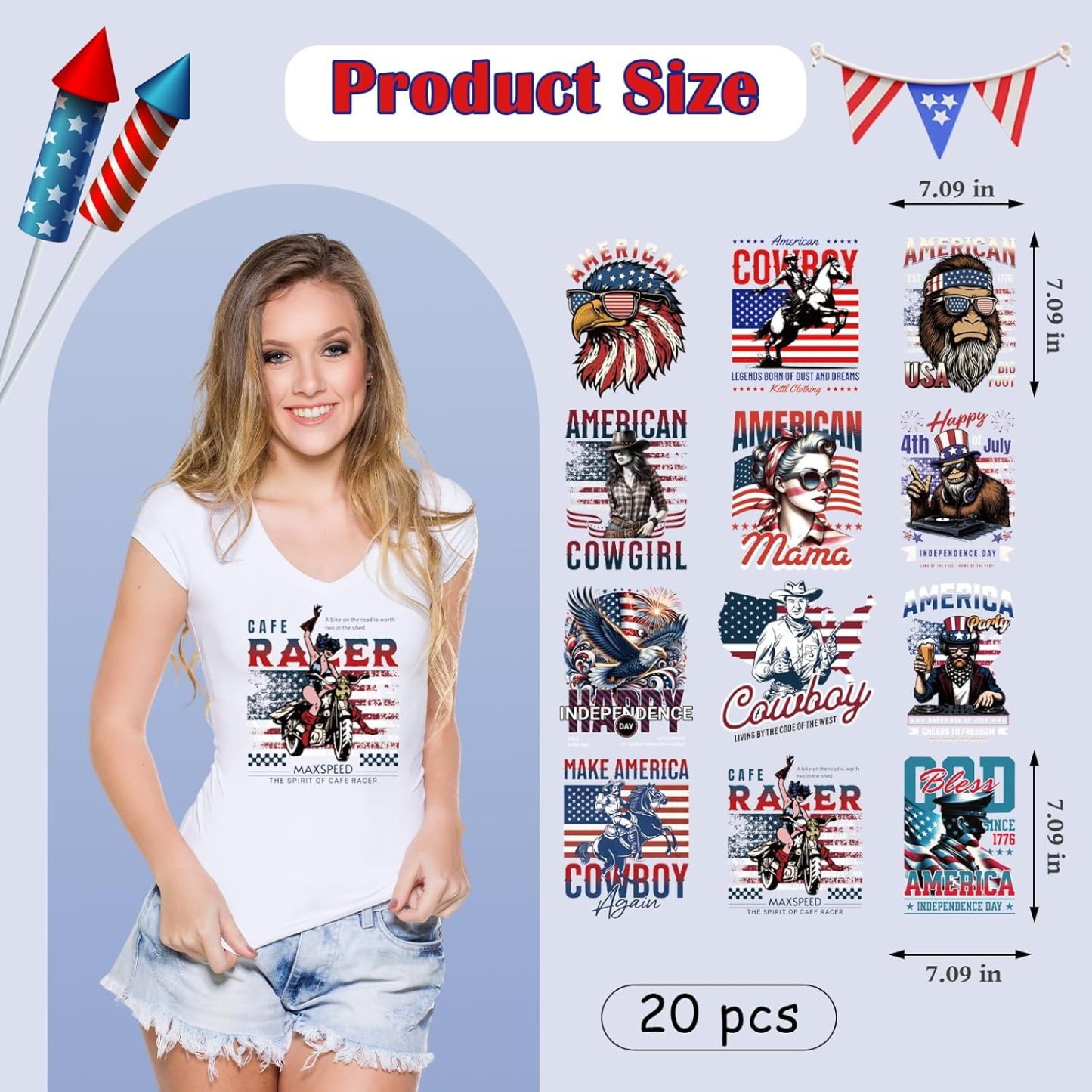 4th of July DTF Transfers Ready to Press -20 Sheets Independence Day Iron on Transfers Western Cowboy Iron on Decals for Patriot Day Parades Clothing USA T-Shirts American Hat Bag DIY Decorations