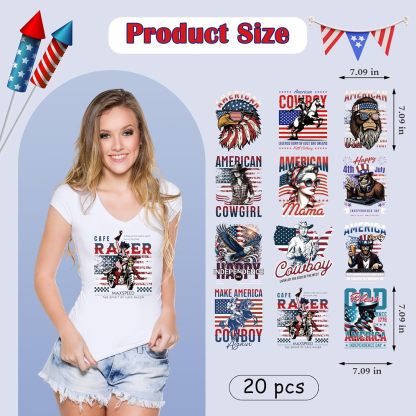 4th of July DTF Transfers Ready to Press -20 Sheets Independence Day Iron on Transfers Western Cowboy Iron on Decals for Patriot Day Parades Clothing USA T-Shirts American Hat Bag DIY Decorations