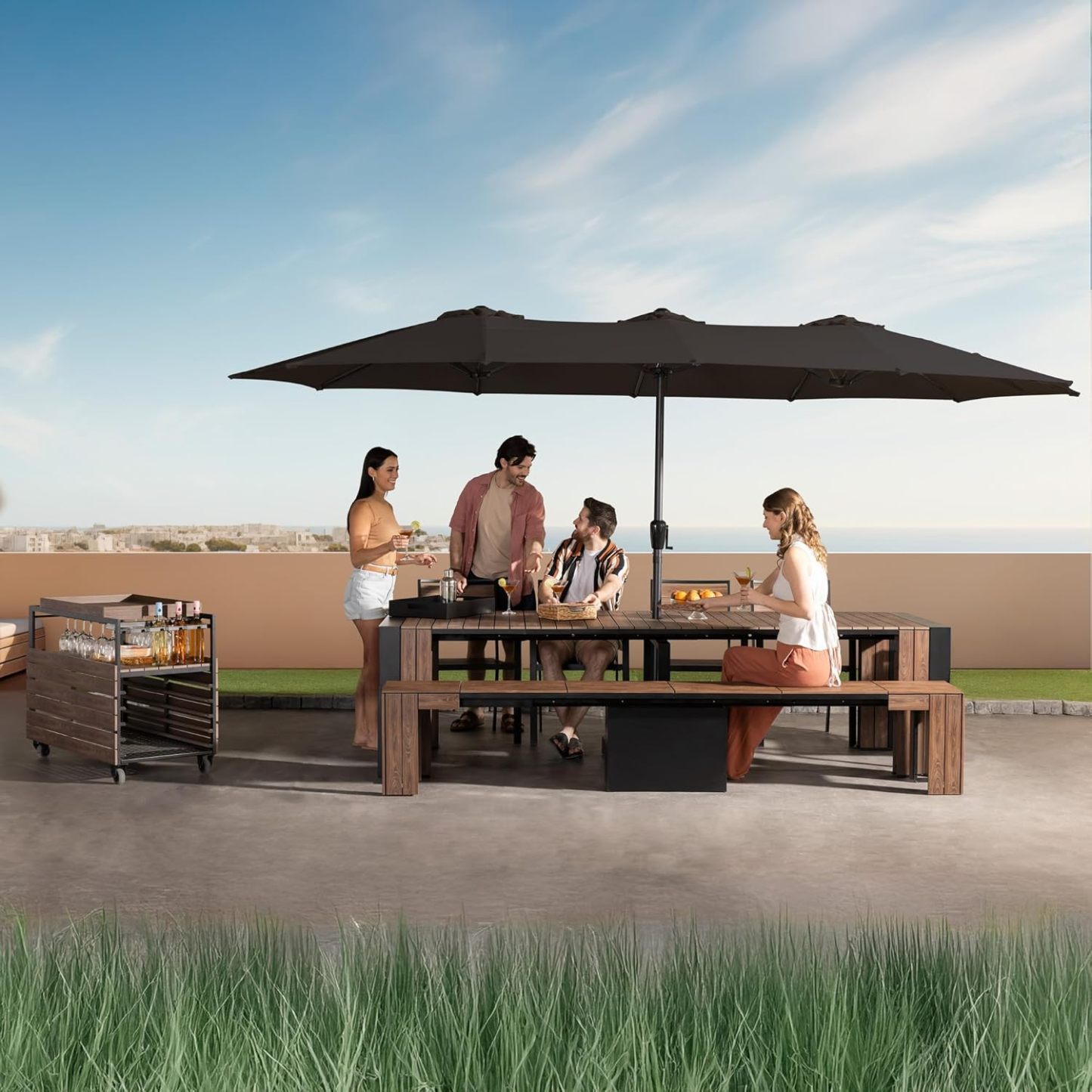 Transformer Table Outdoor Patio Furniture Set for 4 to 12, Expandable Outdoor Table and Chairs Set of 4 with Dining Bench, Weather Resistant Extendable Patio Table with Chairs & Bench