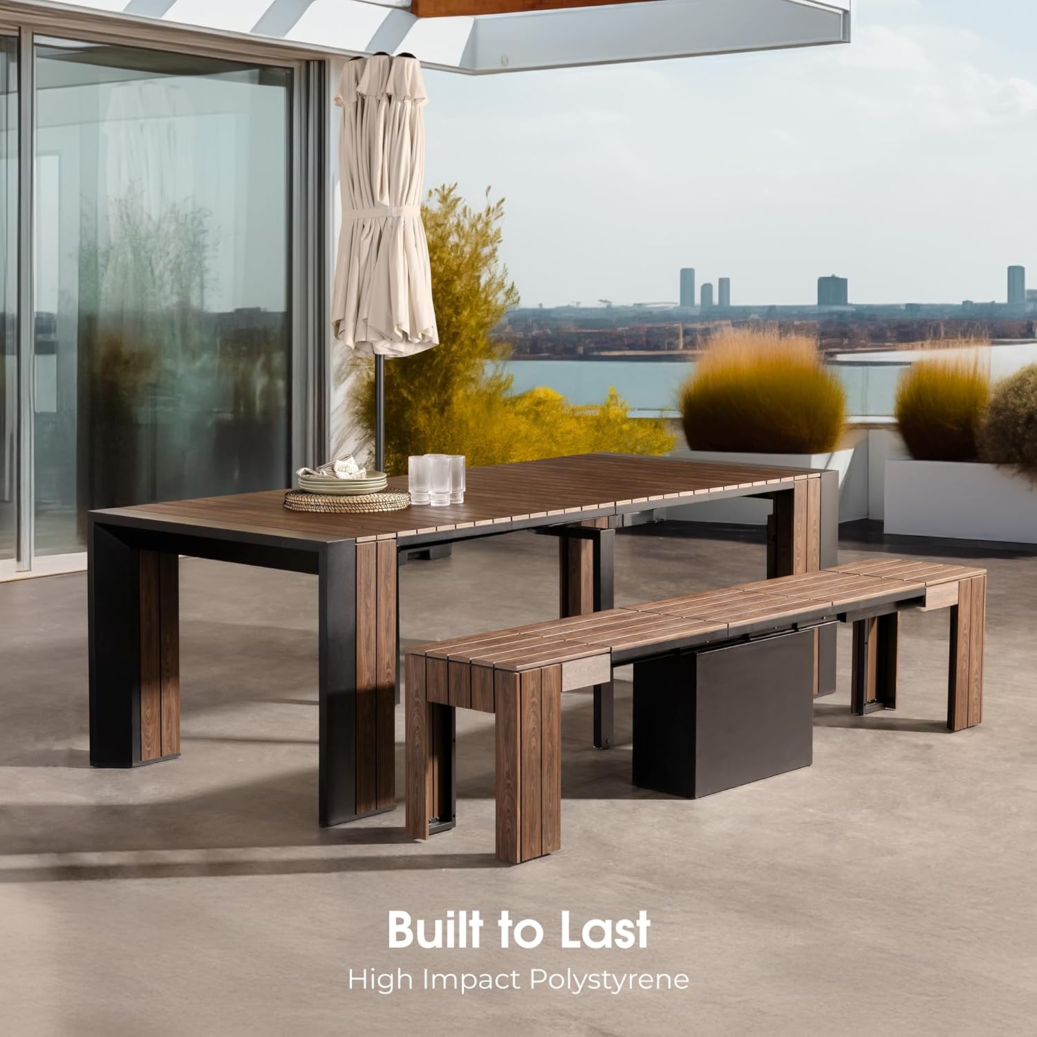 Transformer Table Outdoor Patio Furniture Set for 4 to 12, Expandable Outdoor Table and Chairs Set of 4 with Dining Bench, Weather Resistant Extendable Patio Table with Chairs & Bench