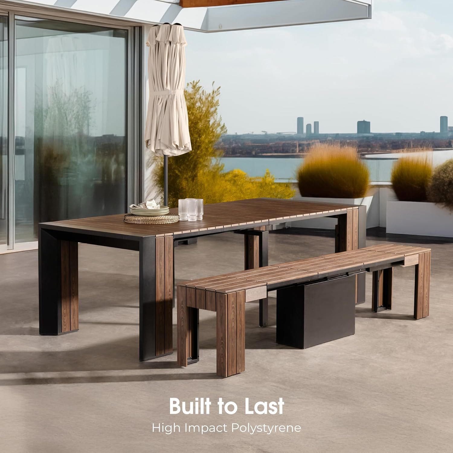 Transformer Table Outdoor Patio Furniture Set for 4 to 12, Expandable Outdoor Table and Chairs Set of 4 with Dining Bench, Weather Resistant Extendable Patio Table with Chairs & Bench