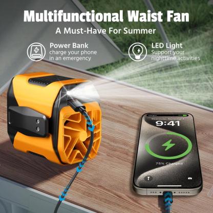Upgrade Personal Portable Waist Clip Fan,Rechargeable 5000mAh Battery Power bank,10 Speeds 10000RPM Strong Airflow, LED Light, up to 8H of Working Time, Hands-Free Hanging Neck Fan, Wearable Belt Fan for Camping, Outdoor, Jobsite,Farms,Traveling,Fishing