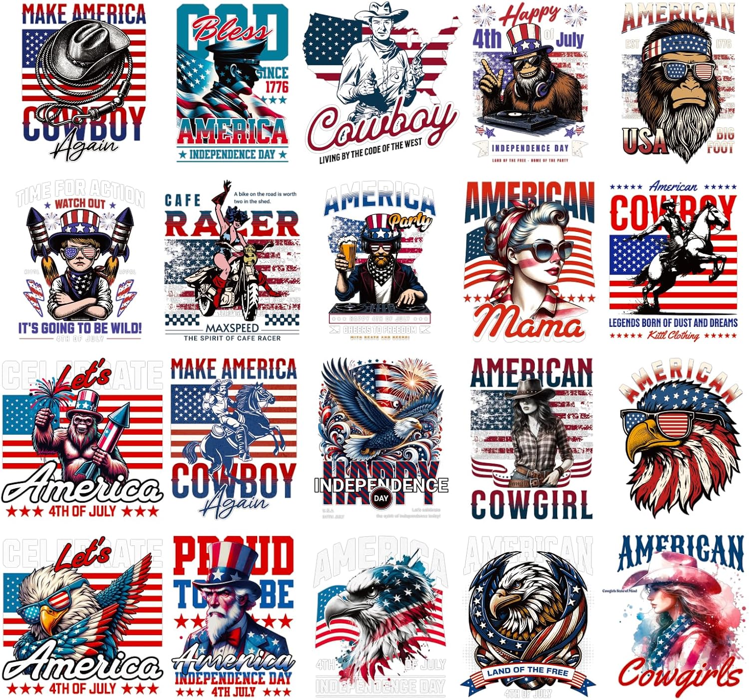 4th of July DTF Transfers Ready to Press -20 Sheets Independence Day Iron on Transfers Western Cowboy Iron on Decals for Patriot Day Parades Clothing USA T-Shirts American Hat Bag DIY Decorations