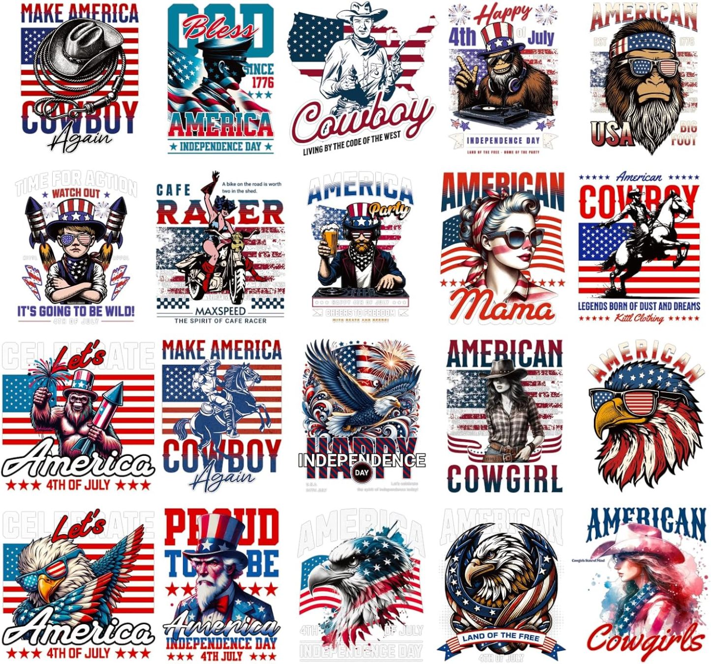 4th of July DTF Transfers Ready to Press -20 Sheets Independence Day Iron on Transfers Western Cowboy Iron on Decals for Patriot Day Parades Clothing USA T-Shirts American Hat Bag DIY Decorations