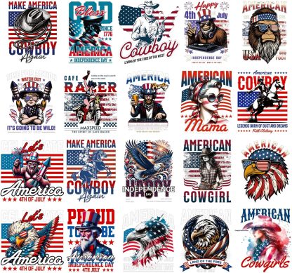4th of July DTF Transfers Ready to Press -20 Sheets Independence Day Iron on Transfers Western Cowboy Iron on Decals for Patriot Day Parades Clothing USA T-Shirts American Hat Bag DIY Decorations