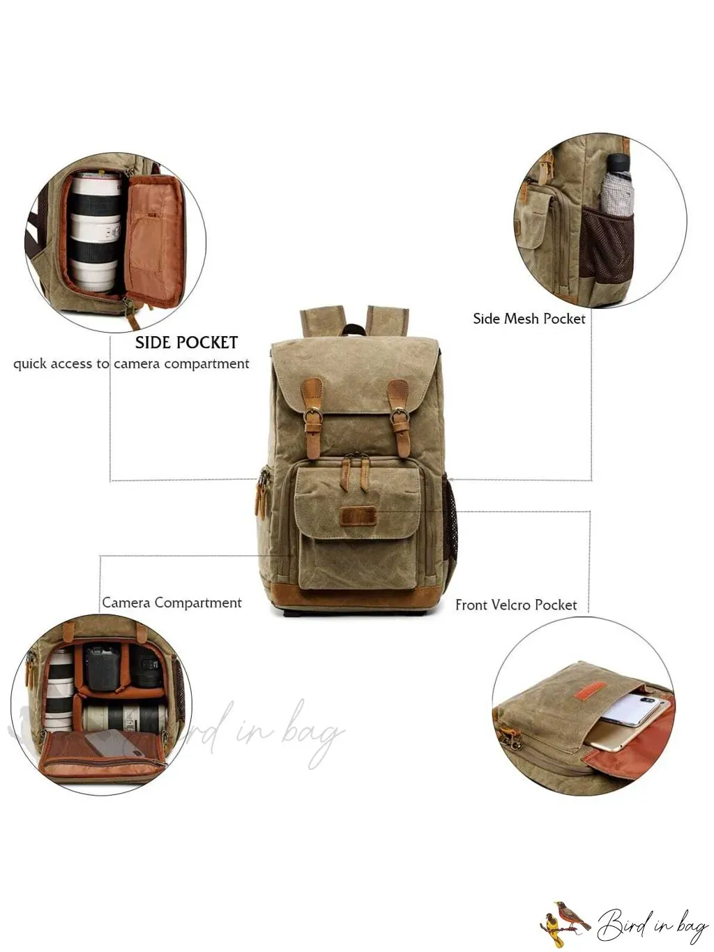 Camera Backpack for Photographers with Large Capacity, Waterproof, Retro Wax Dyed Canvas, Camera Bag, Fits 15 inch L