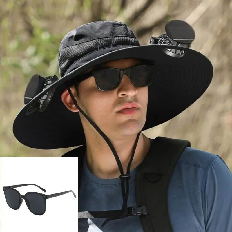 Outdoor Wide-brimmed Sun Hat with Solar Fan, Unisex Fishing Solar Fan Hat, Fisherman's Hat with Built-in Fan, Suitable for Fishing, Hiking, Camping,  Fathers Day Gift