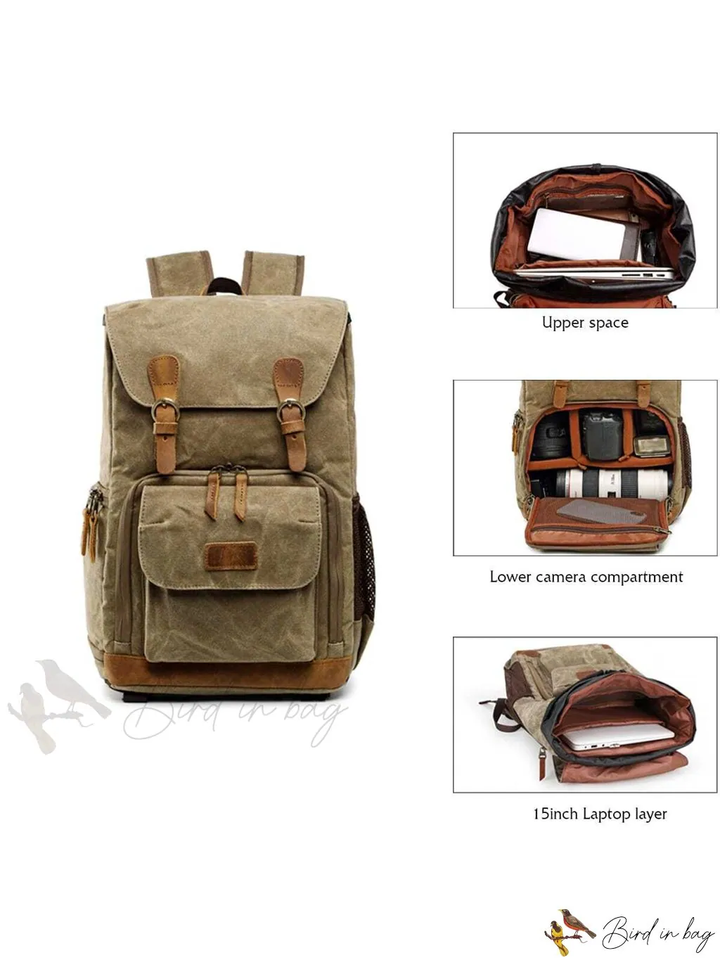 Camera Backpack for Photographers with Large Capacity, Waterproof, Retro Wax Dyed Canvas, Camera Bag, Fits 15 inch L