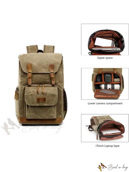 Camera Backpack for Photographers with Large Capacity, Waterproof, Retro Wax Dyed Canvas, Camera Bag, Fits 15 inch L