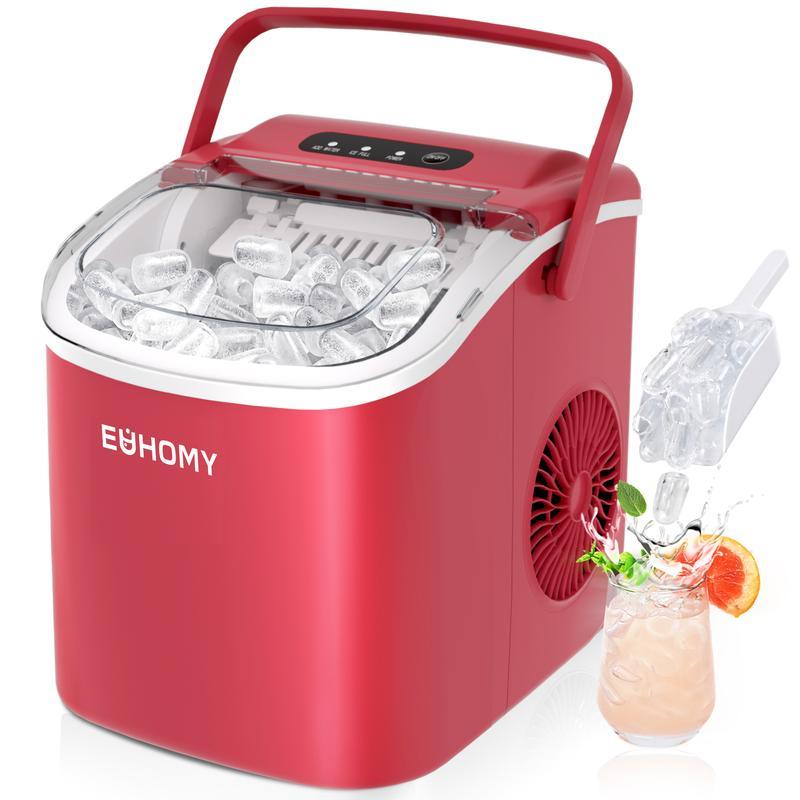 EUHOMY Countertop Ice Maker with Handle, Makes 26 Pounds of Ice in 24 Hours, 9 Ice Cubes in 6 Minutes, Self-Cleaning Portable Ice Maker with Basket and Scoop for Home/Kitchen/Camping/RV.