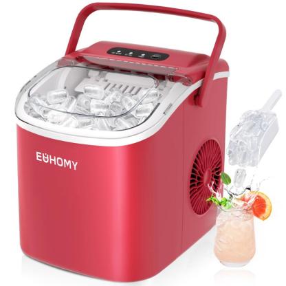 EUHOMY Countertop Ice Maker with Handle, Makes 26 Pounds of Ice in 24 Hours, 9 Ice Cubes in 6 Minutes, Self-Cleaning Portable Ice Maker with Basket and Scoop for Home/Kitchen/Camping/RV.