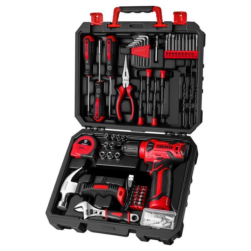 DEKO 8V Cordless Drill Set, 126-Piece Home Tool Kit With Storage Box, Unisex DIY Power Tool Set For Fence Installation, Room Décor, Furniture Assembly, And Daily Repairs