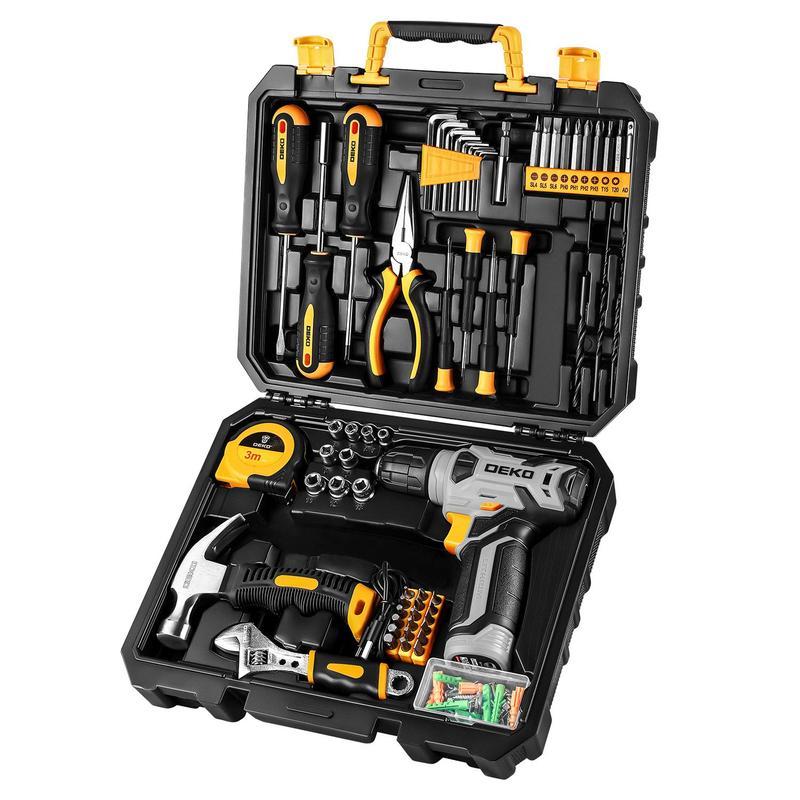 DEKO 8V Cordless Drill Set, 126-Piece Home Tool Kit With Storage Box, Unisex DIY Power Tool Set For Fence Installation, Room Décor, Furniture Assembly, And Daily Repairs