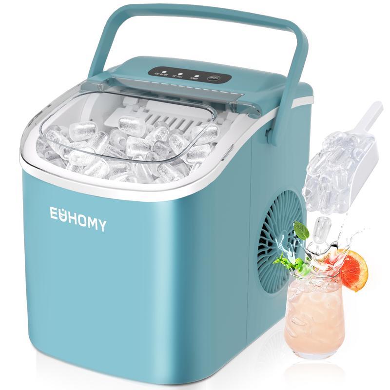 EUHOMY Countertop Ice Maker with Handle, Makes 26 Pounds of Ice in 24 Hours, 9 Ice Cubes in 6 Minutes, Self-Cleaning Portable Ice Maker with Basket and Scoop for Home/Kitchen/Camping/RV.