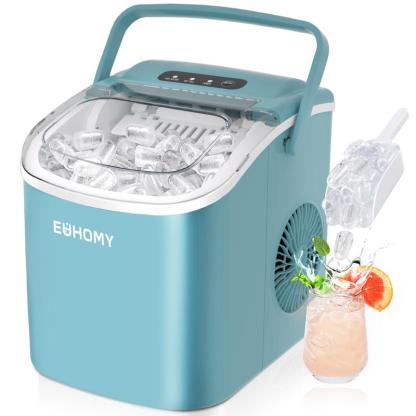 EUHOMY Countertop Ice Maker with Handle, Makes 26 Pounds of Ice in 24 Hours, 9 Ice Cubes in 6 Minutes, Self-Cleaning Portable Ice Maker with Basket and Scoop for Home/Kitchen/Camping/RV.