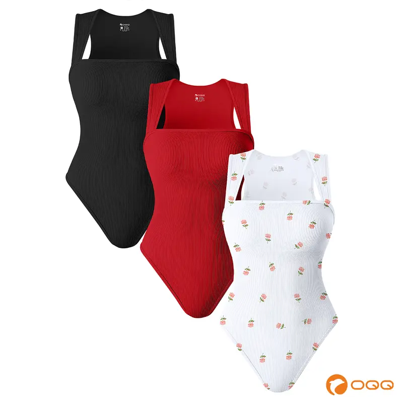 OQQfitness Womenswear 3 Piece Bodysuits Stretchy Underwear Sexy Ribbed Square Neck Sleeveless Stretchy Tank Tops Bodysuits Soft Lady