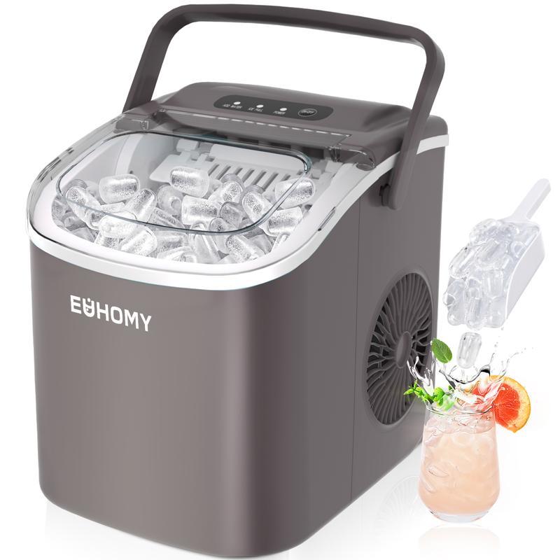 EUHOMY Countertop Ice Maker with Handle, Makes 26 Pounds of Ice in 24 Hours, 9 Ice Cubes in 6 Minutes, Self-Cleaning Portable Ice Maker with Basket and Scoop for Home/Kitchen/Camping/RV.