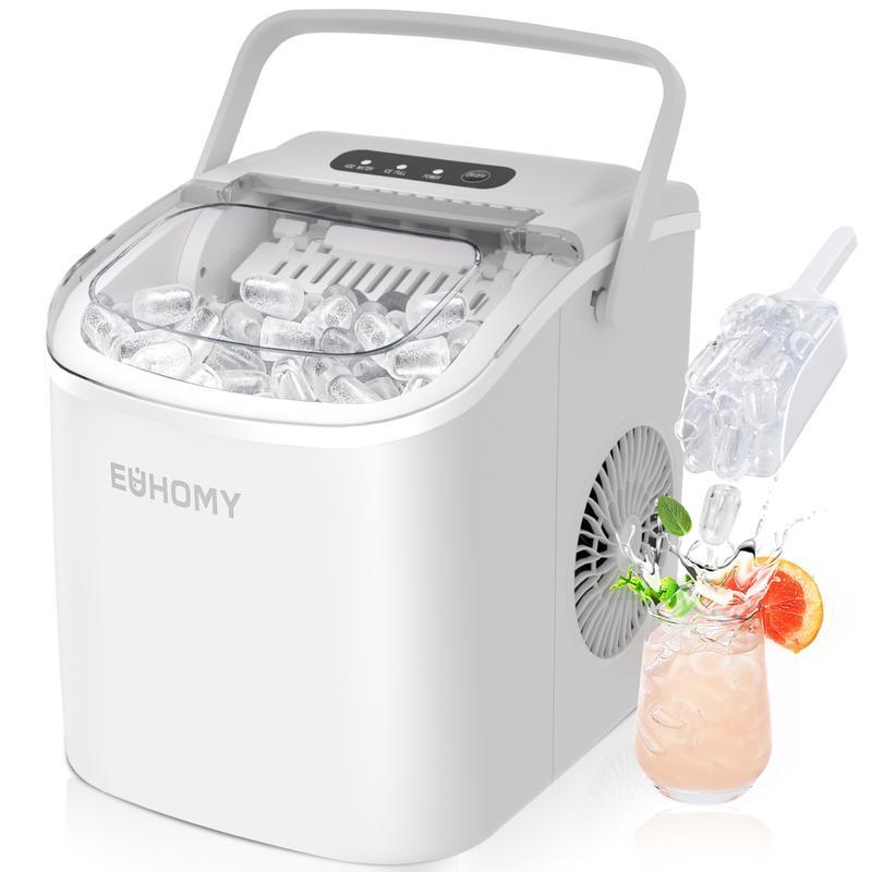 EUHOMY Countertop Ice Maker with Handle, Makes 26 Pounds of Ice in 24 Hours, 9 Ice Cubes in 6 Minutes, Self-Cleaning Portable Ice Maker with Basket and Scoop for Home/Kitchen/Camping/RV.