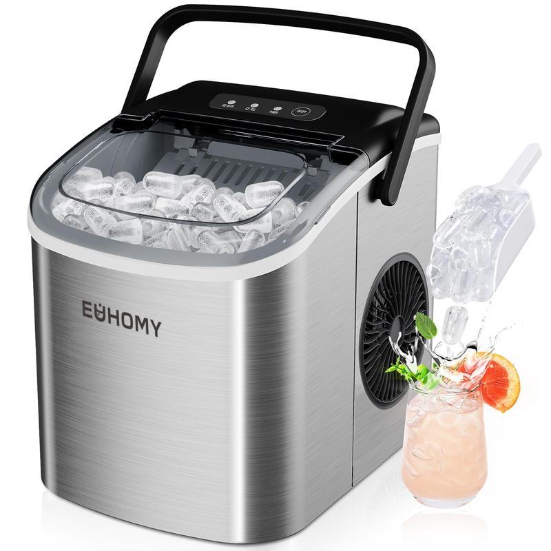 EUHOMY Countertop Ice Maker with Handle, Makes 26 Pounds of Ice in 24 Hours, 9 Ice Cubes in 6 Minutes, Self-Cleaning Portable Ice Maker with Basket and Scoop for Home/Kitchen/Camping/RV.