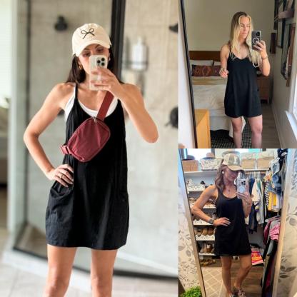 Tanming Womens Athletic Sleeveless Mini Dress with Built-in Shorts V Neck Spaghetti Strap Short Tennis Dress with Pockets