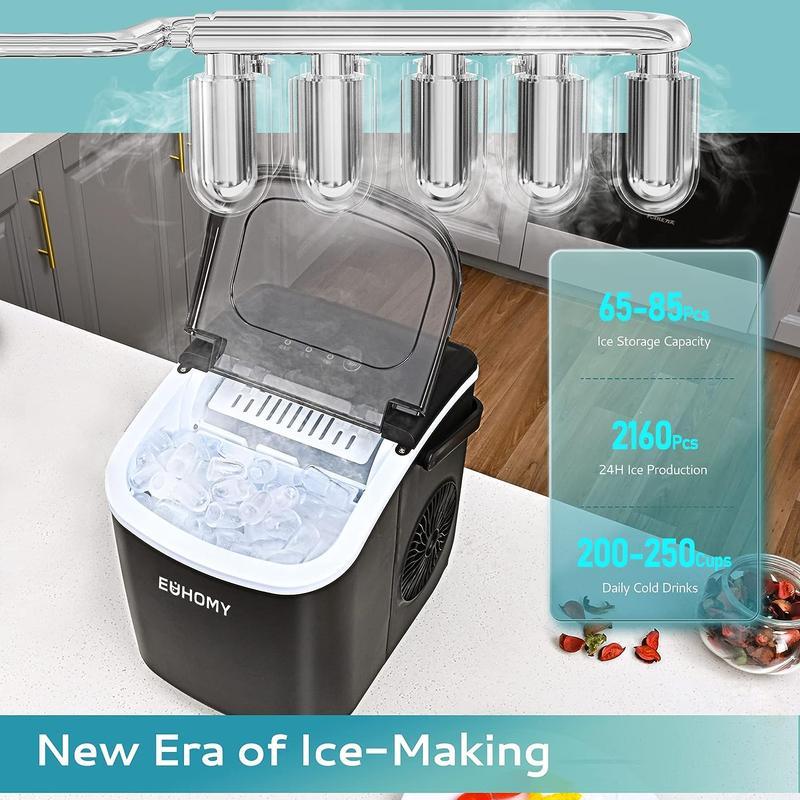EUHOMY Countertop Ice Maker with Handle, Makes 26 Pounds of Ice in 24 Hours, 9 Ice Cubes in 6 Minutes, Self-Cleaning Portable Ice Maker with Basket and Scoop for Home/Kitchen/Camping/RV.