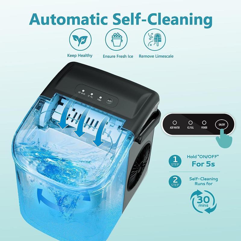 EUHOMY Countertop Ice Maker with Handle, Makes 26 Pounds of Ice in 24 Hours, 9 Ice Cubes in 6 Minutes, Self-Cleaning Portable Ice Maker with Basket and Scoop for Home/Kitchen/Camping/RV.