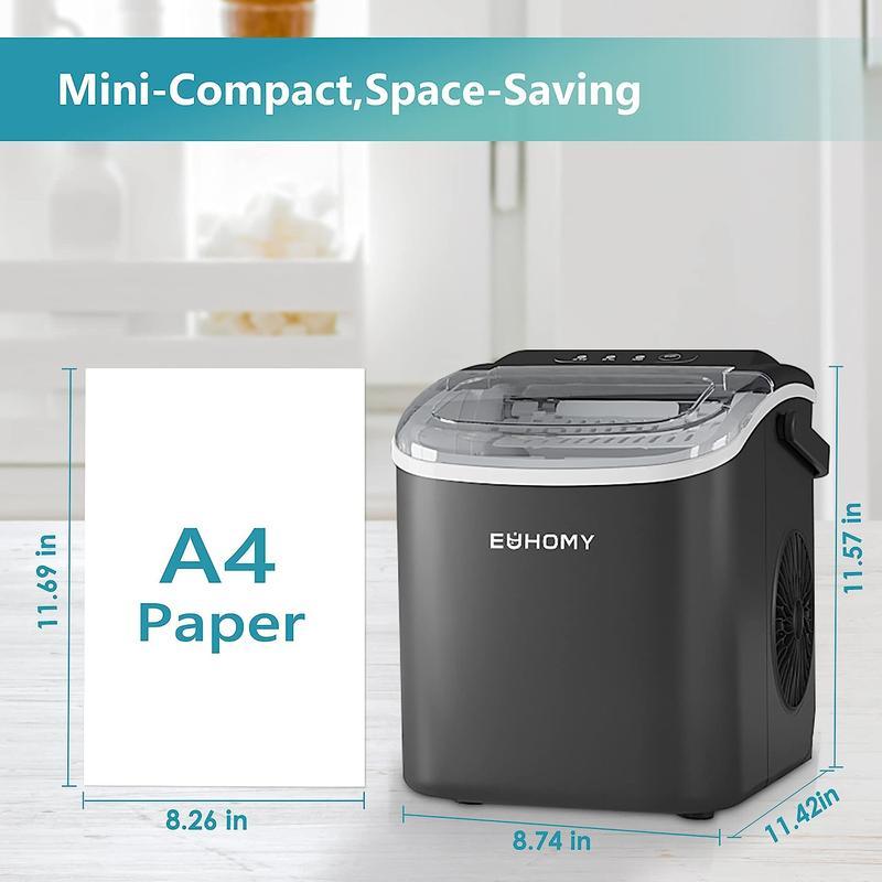 EUHOMY Countertop Ice Maker with Handle, Makes 26 Pounds of Ice in 24 Hours, 9 Ice Cubes in 6 Minutes, Self-Cleaning Portable Ice Maker with Basket and Scoop for Home/Kitchen/Camping/RV.