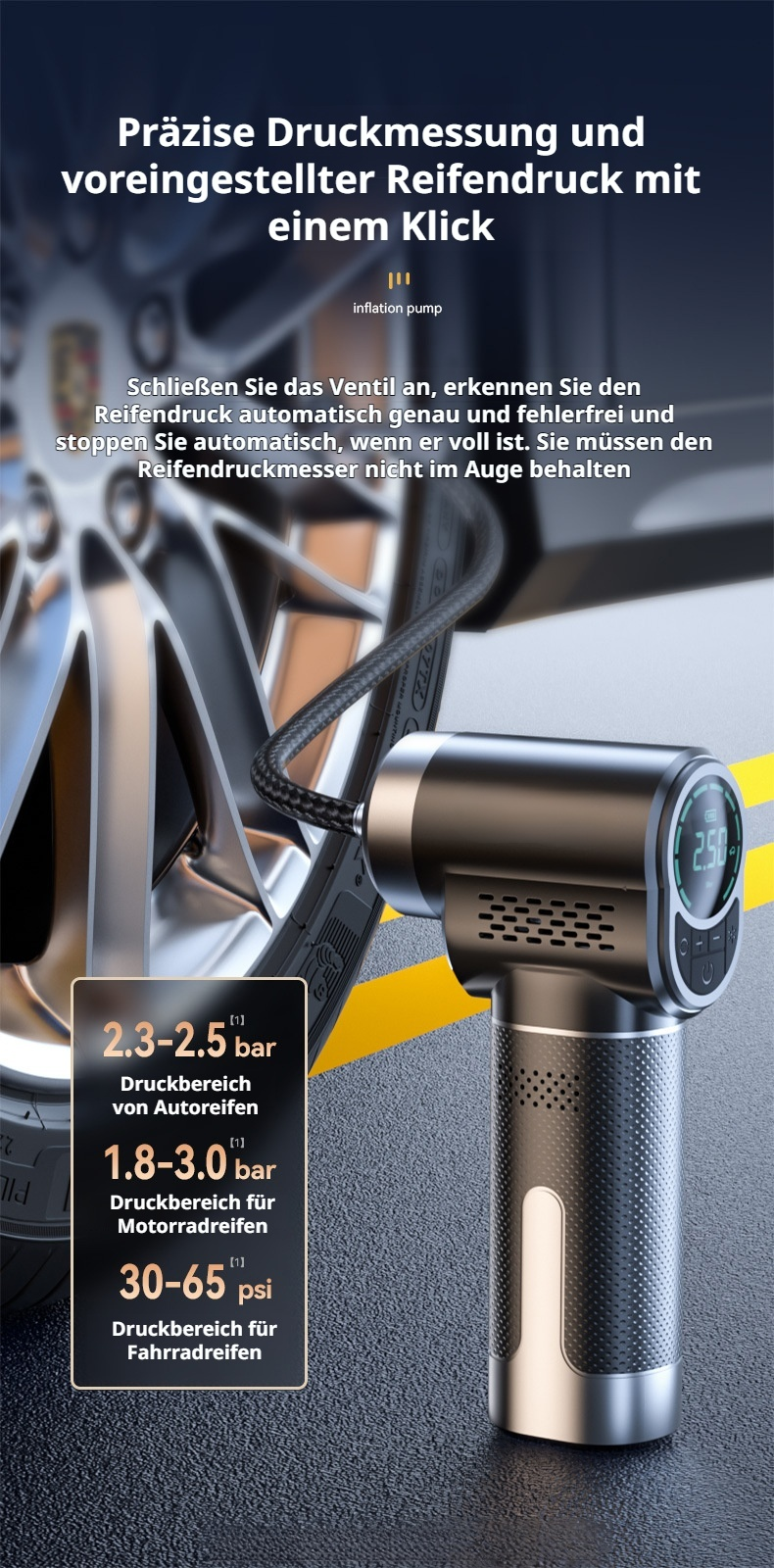 Elektrische Auto-Luftpumpe tragbar in Aktion