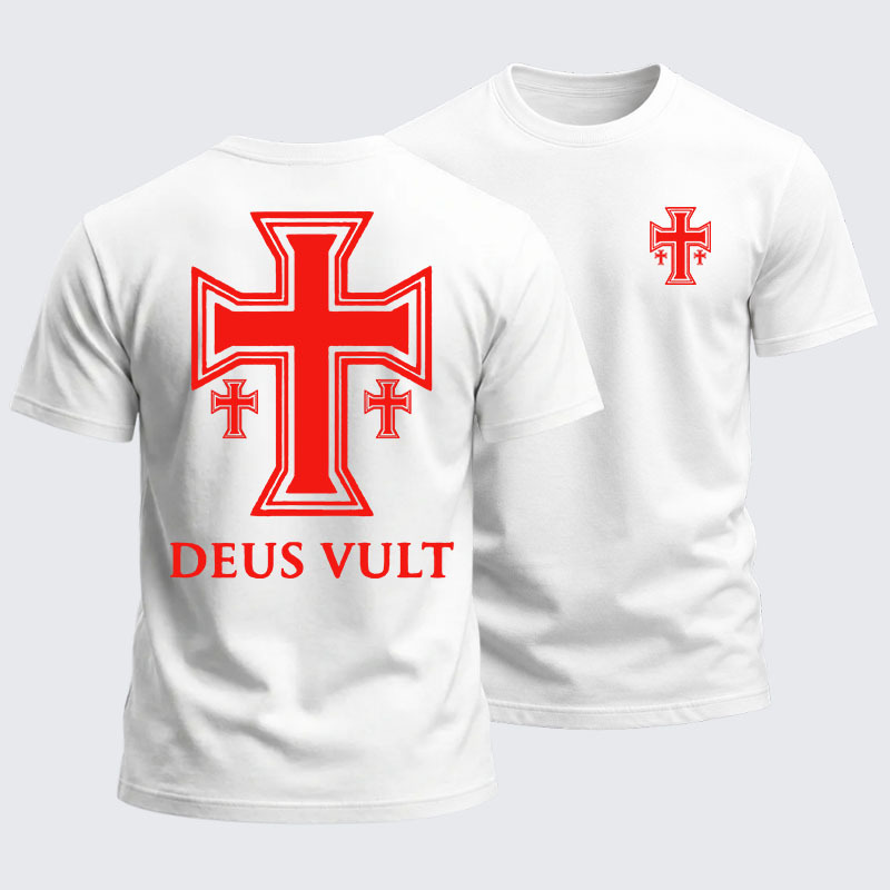 Heavyweight Cotton Tee - Deus Vult Crusader Cross Templar Jerusalem