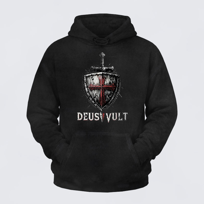 Washed Hoodie - Deus Vult Crusader Shield Templar Cross