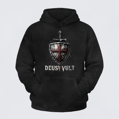Washed Hoodie - Deus Vult Crusader Shield Templar Cross
