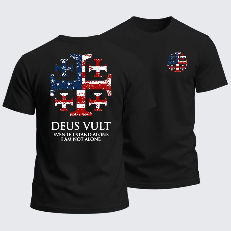 Heavyweight Cotton Tee -  Deus Vult Jerusalem Cross Usa Flag Even If I Stand Alone, I Am Not Alone