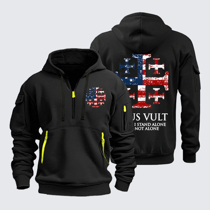Zipper Hoodies -  Deus Vult Jerusalem Cross Usa Flag Even If I Stand Alone, I Am Not Alone
