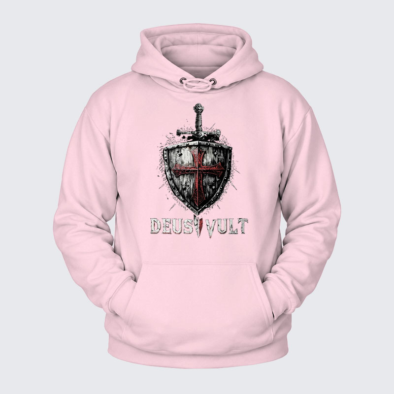 Plush Fleece-Lined Hoodie - Deus Vult Crusader Shield Templar Cross