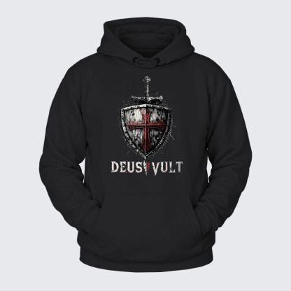 Plush Fleece-Lined Hoodie - Deus Vult Crusader Shield Templar Cross