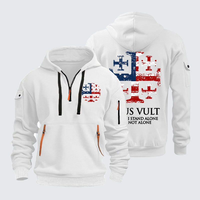 Zipper Hoodies -  Deus Vult Jerusalem Cross Usa Flag Even If I Stand Alone, I Am Not Alone