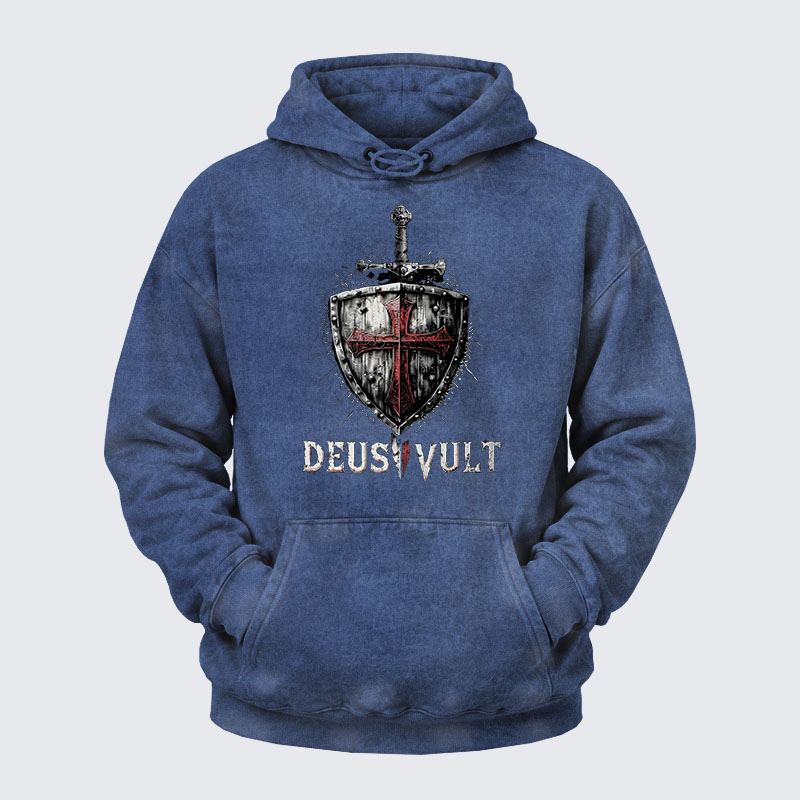 Washed Hoodie - Deus Vult Crusader Shield Templar Cross