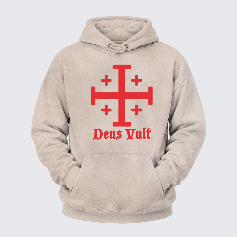 Washed Hoodie - Jerusalem Cross Deus Vult