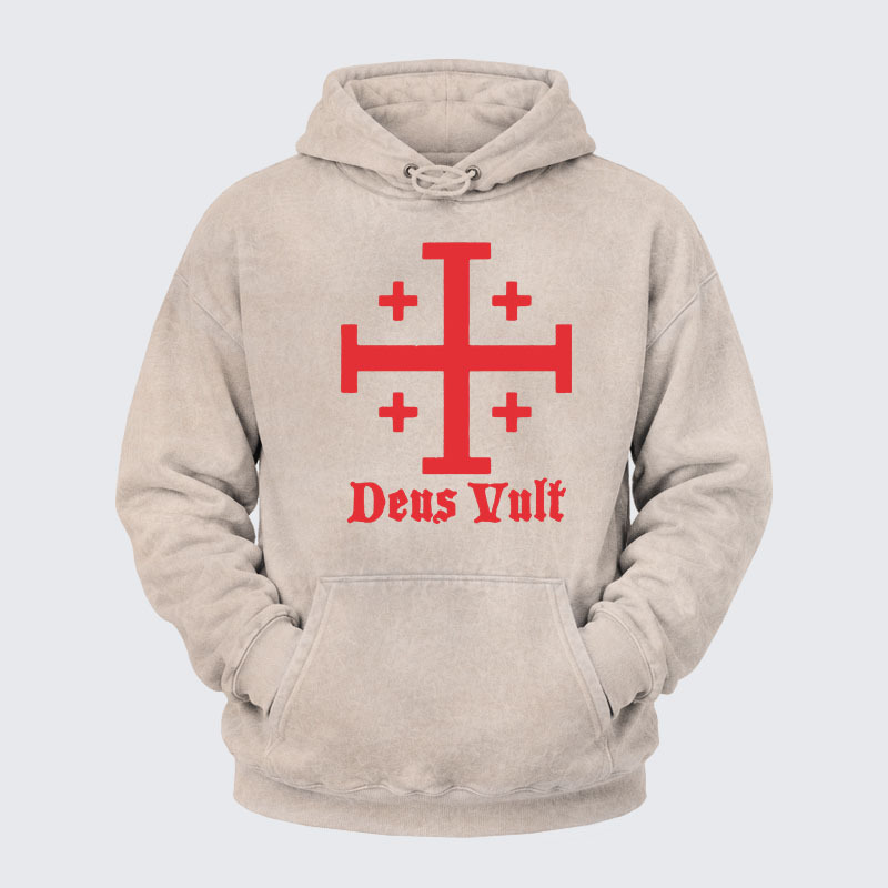 Washed Hoodie - Jerusalem Cross Deus Vult