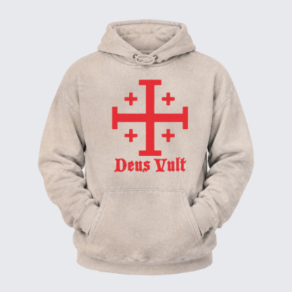 Washed Hoodie - Jerusalem Cross Deus Vult